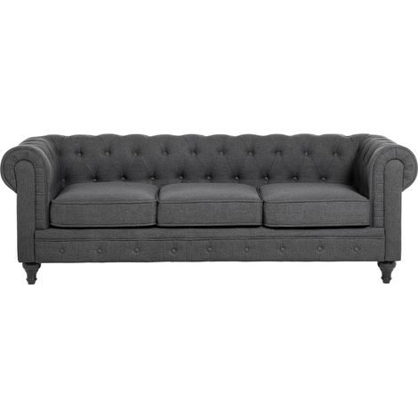 Divano a 3 Posti in Tessuto Grigio con Braccioli Moderno Chesterfield