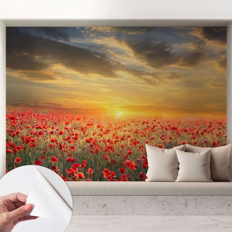 Papier peint autocollant Mural avec colle pour salon et chambre Décoration murale rapide Champ de pavots 208x146 cm (1/5)