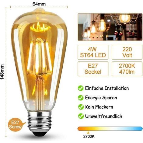 6er-Pack Vintage-Edison-Glühbirnen E27, 4 W, warmweiß (1/4)