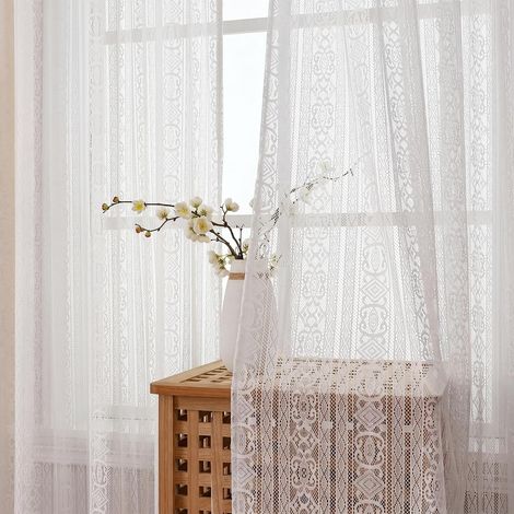 Rideaux Boho Blancs, Lot de 2, H 245 x l 140 cm, Motif géométrique ajouré façon macramé, voilages à Tunnel Passe-Tringle 7,5 cm, Semi-Transparents, Style Vintage, Salon Chambre (1/5)