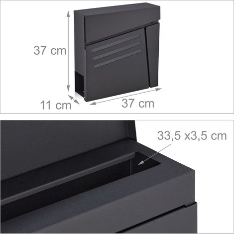 Buzón de pared moderno con revistero diseño elegante 40 x 30 x 10 cm de acero negro mate 130011278 (1/4)
