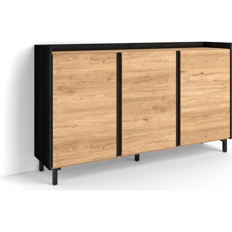 Skraut Home - Credenza, Mobile, Cucina, Madia, mobile ingresso, 156x35x91cm, 3 Porte, Design industriale, Stile moderno, Rovere e nero (1/5)