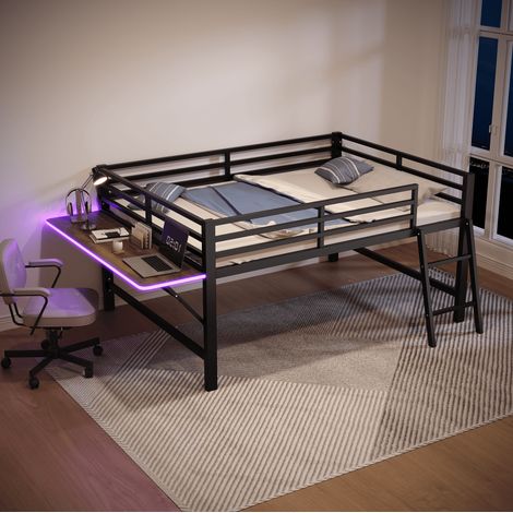 Letto a soppalco in metallo 140 x 200 cm con scrivania pieghevole, LED e scala, nero (1/5)