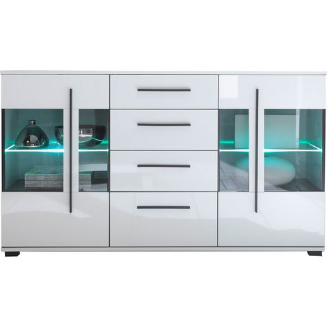 Sideboard inkl. Beleuchtung COLORADO-61 in weiß Hochglanz und teilweise Glastüren Grauglas BxHxT ca. 150x86x42cm (1/5)