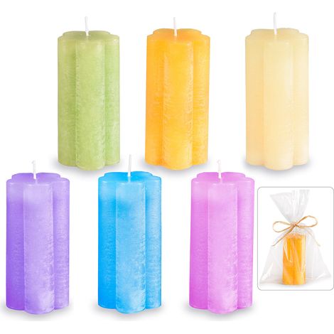 Bougies hautes en forme de fleur colorée en emballage individuel transparent avec nœud, lot de 12, diam. 4,5 cm x H. 10 cm