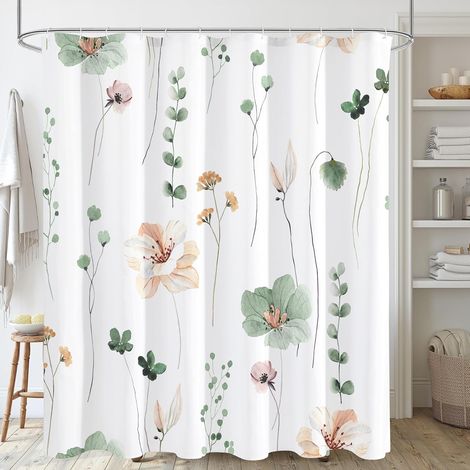 Rideau de douche à motifs floraux aquarelle, vert sauge et beige, crochets 180 x 180 cm - Vert sauge (1/5)