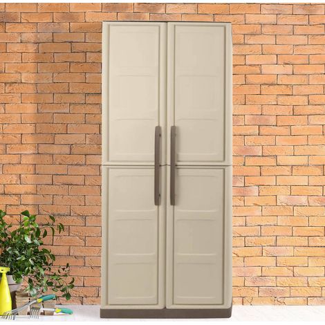 Dmora – Armoire de jardin en polypropylène 70x39h165 cm – Résistante aux UV et intempéries – 2 portes et 3 étagères réglables – Couleur beige (1/5)