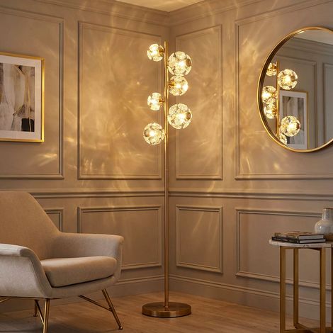 Lampada da terra a LED per soggiorno con interruttore a pedale, metallo dorato, H 155 cm (1/5)