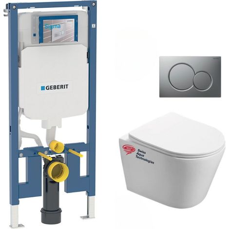 Pack Vorwandelement Geberit extraflach + WC-Becken SAT Infinitio ohne Flansch unsichtbare Befestigungen + Platte matt verchromt