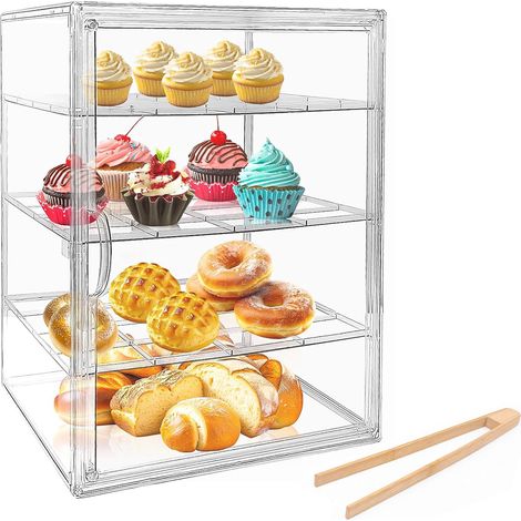 Transparent Bread Bin, 4 Adjustable Levels Bread Bin with Magnetic Door, PET with 30 cm Bamboo Tongs for Donuts, Bread and Cakes
