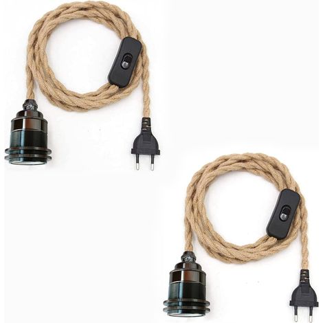 Douille de Lampe E27 Vintage avec Câble et Interrupteur,Suspendue Lustre Corde de Chanvre, DIY Suspension Luminaire Lampe Créative Lumière Pendante Industrielle, pour Maison, Chambre, Bar. (A-2PCS) (1/5)
