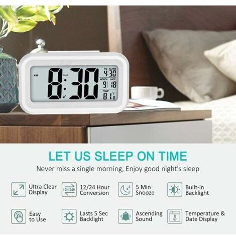 Sveglia digitale silenziosa, a batteria, con grande display LED e funzione di calendario/temperatura, adatta a bambini e adulti (bianca) (1/4)