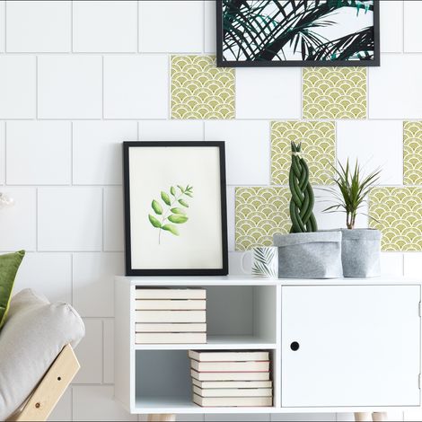 Sticker mural autocollant x6, 15 cm X 15 cm, décor jaune or écailles de poissons, carrelage adhésif déco. (1/3)