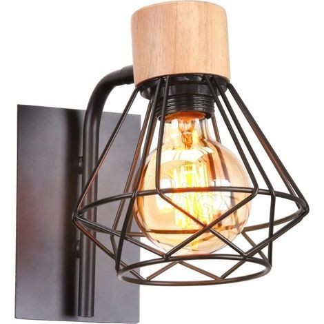 Vintage industrial indoor wall light E27 metal lampshade with wooden base for living room, hallway, or bar - brass socket (1/4)