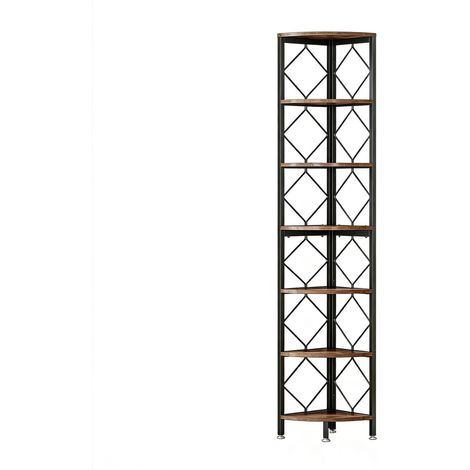 Scaffale angolare stretto a 7 livelli per piccoli spazi, metallo e legno, nero e marrone (1/5)