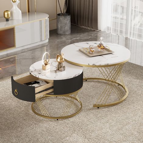 Set 2 tavolini da salotto impilabili rotondi da 70 cm con cassetti, piano effetto marmo, struttura in metallo dorato, tavolino da soggiorno in legno - Bianco