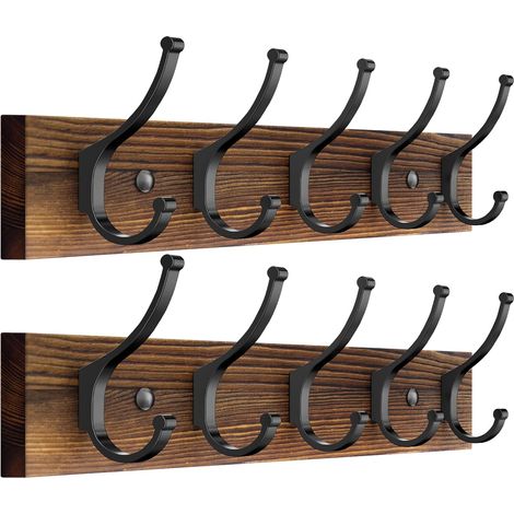 Optish 2er-Pack Wandgarderobe aus Holz, 41 cm (16,1 Zoll) rustikale Kleiderhaken mit 10 Doppelhaken, Wandgarderobe für Hüte, Kleidung, Taschen, Jacken, Braun (1/5)