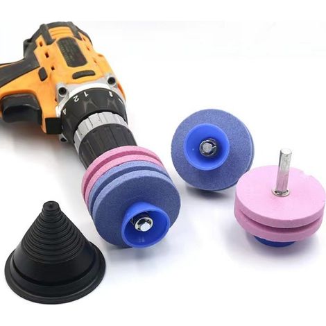 Affûteur de lames de tondeuse à gazon, kit de 4 pièces : double affûteur bleu/rose + quatre affûteurs bleus/roses + équilibreur. Kit d’affûtage universel pour lames de tondeuse, scies électriques et t (1/4)
