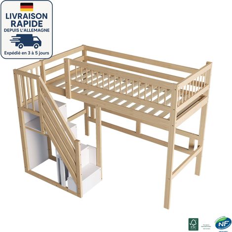 MODFU - Letto a soppalco in legno 90×200cm, letto per bambini, con armadio e scaletta contenitore, anticaduta, senza materasso, naturale (1/5)