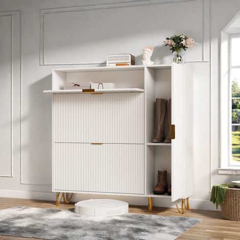 Perchero con 4 puertas, Mueble para zapatos, Armario para zapatos, Mueble de almacenamiento para entrada 110x24x118.5 cm, Blanco (1/5)