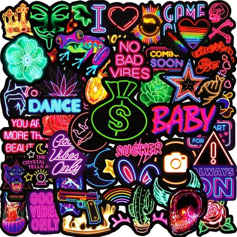 BEBUSINGOTO Neon-Aufkleber, wasserdichtes Vinyl-Aufkleberpaket für Stoßstange, Laptop, Skateboard, Wasserflasche, Gepäck, Telefon, Graffiti-Aufkleber für Erwachsene