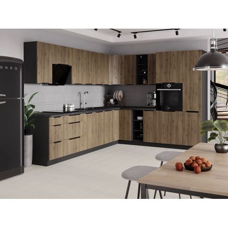 Azura Home Design – Cuisine complète Brianza 310x250 cm – 18 modules – Façades noyer okapi mat – Caissons noirs mats – Fermeture douce – Tiroirs Premium Box (1/5)