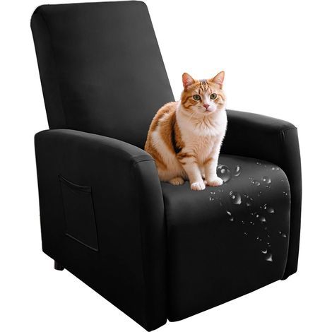 Housse extensible imperméable pour fauteuil inclinable, ensemble de 4 pièces, couleur unie, housse de canapé antidérapante avec poche latérale, protection lavable pour fauteuil inclinable - Noir (1/5)