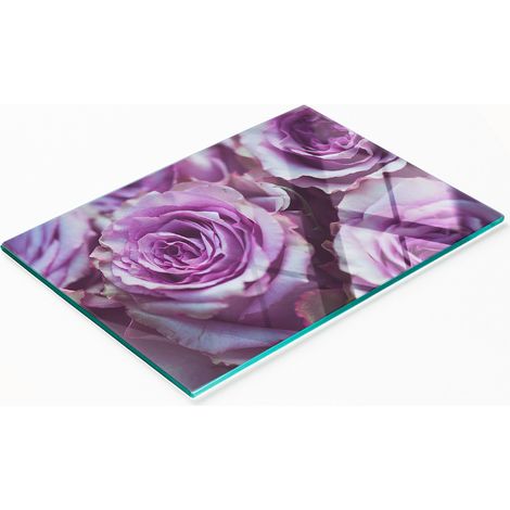 Tabla de cortar decorativa de vidrio templado con rosas moradas, 80x52 cm