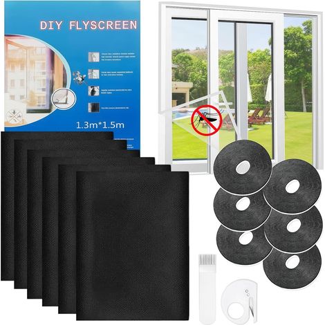 Moustiquaire Fenetre Sans Percage, Lot de 6 130 150cm Moustiquaire pour Fenêtre, Filet Anti-Insectes Recoupable, avec 6 Bande Auto-Agrippante Ruban Adhésif, Découpeur, Outil de Pression (1/5)