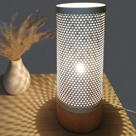 Lampada da Tavolo Lume Comodino Legno e Metallo Bianco Design Moderno Abatjour (1/7)