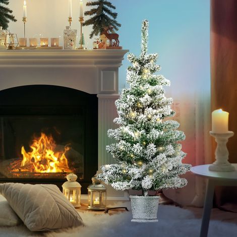 Arbre de Noël artificiellement enneigé avec 60 lumières LED blanches et 116 branches, Arbre de Noël avec lumières intégrées, Base avec vase amovible, Φ40x90cm, Vert (1/5)