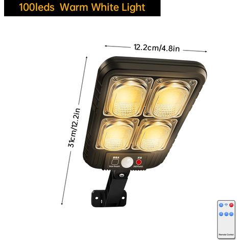 (1 lampe solaire - 100 LED blanc chaud) Lampadaire solaire étanche IP65, applique murale solaire extérieure avec détecteur de mouvement et télécommande, compatible avec jardin et cour. (1/5)