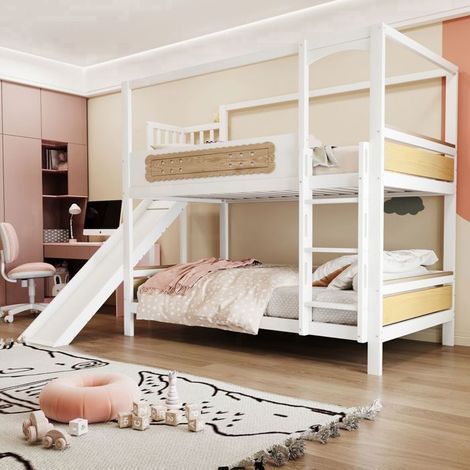 Lit Superposé 90x200cm - Design Maison et Toboggan - lit Superposé Enfant - Échelle Large, Barrières Sécurité, Bois Blanc et Naturel (1/5)