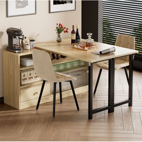 Table extensible plegable de MDF y metal en madera y negro, con almacenaje y giro de 360° (1/5)