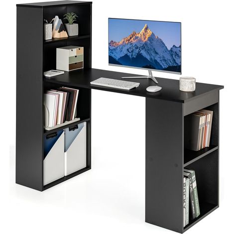 Costway – Bureau d'ordinateur réversible avec bibliothèque – Poste de travail moderne avec étagères 6 niveaux – Assemblage facile pour maison et bureaux – Noir