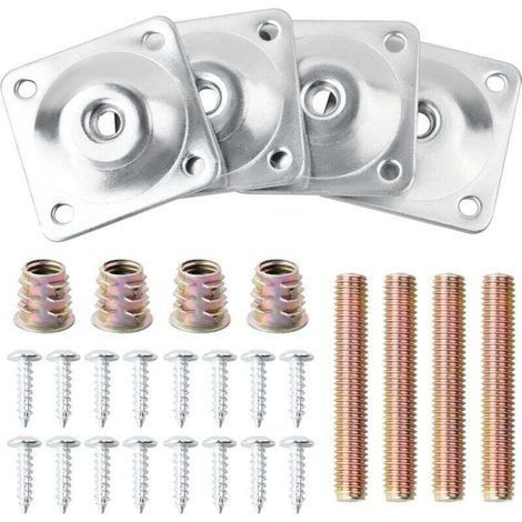 Lot de 4 Metal Plaques de Montage de Pied avec Boulons et Vis, M8 Plaques de Fixation pour Pieds de Meubles, Supports de Montage pour Jambes de Canapé Pieds de Table Fauteuil Chaise Meuble,(Argent (1/5)