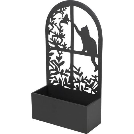 Cache-Pot Jardinière Murale ou Posée - Métal Noir Motif Chat Fenêtre Décoratif - 35 x 15 x H 65 cm - Livraison gratuite