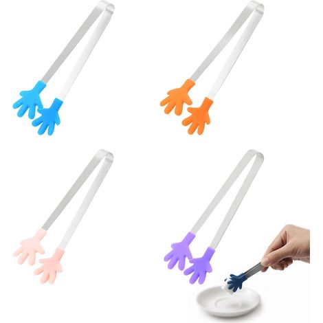 4 Pièces Mini Pince à Glaçons en Silicone et Acier Inoxydable, Pince à Sucre Design Main, Petite Pince Alimentaire pour Candy Bar, Buffet et Cuisine - Rose, Orange, Violet, Bleu Foncé (1/5)