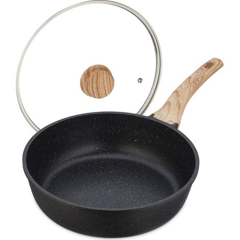 Relaxdays Braising Pan, Ø 28 cm, Glass Lid, Aluminium, Non-Stick Coating, Induction, Frying, Handle, Black/Natural