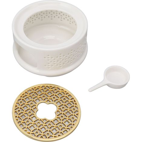 Bouilloire chauffe-thé café support céramique réchaud avec cuillère couvercle et porte-bougie blanc (1/5)