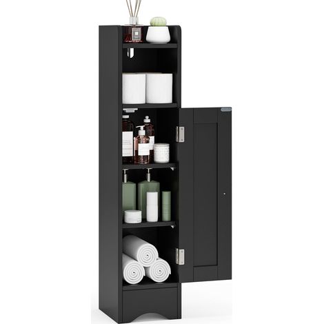 COSTWAY Mobiletto per Bagno Piccolo, Armadietto Salvaspazio da Terra Angolare con Porta e Ripiani Regolabili, Porta Carta Igienica Stretto, Mobiletto per Soggiorno, Cucina e Ingresso (Nero) (1/5)