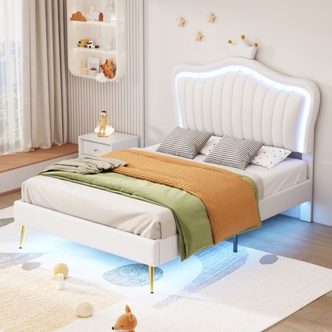 Lit simple 90x200cm - Lit enfant 90x200 rembourré simili-cuir en forme de couronne princesse avec LED - Blanc (1/5)
