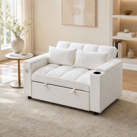 Sofá cama 3 en 1 convertible 140,5 x 74 x 82 cm, respaldo ajustable, USB, beige OKWISH (1/5)