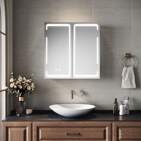 SIRHONA Miroir lumineux de salle de bain avec prise rasoir Anti-buée meuble à miroir avec éclairage LED Armoires de salle de bain murales 590 x 600mm (1/5)