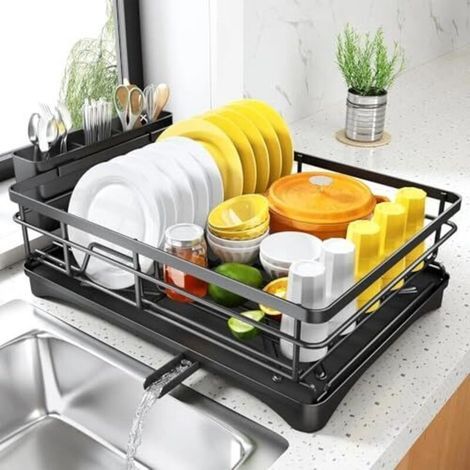 Dish drainer, stainless steel dish drainer with cutlery holder, rust-resistant countertop dish drainer with rotating spout, drainer, washable (1/5)