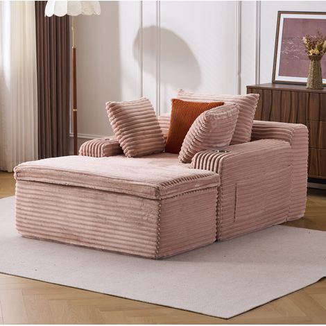 Canapé convertible lounge rose en velours côtelé avec méridienne, 3 coussins et couverture,165/112/63 cm (1/5)