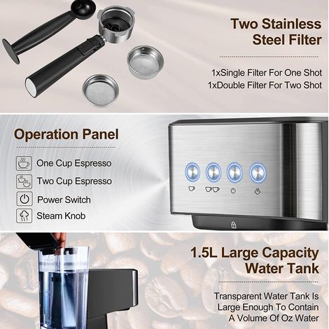 Machine à expresso 15 bars 1050 W tout-en-un semi-automatique avec mousseur à lait baguette vapeur/réservoir d'eau 1,5 L panier porte-filtre cuillère doseuse pour cappuccino L (1/5)