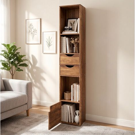 Libreria stretta 30x157,5x24 cm in legno marrone con ante e cassetti, salvaspazio – MEUBLIV (1/5)