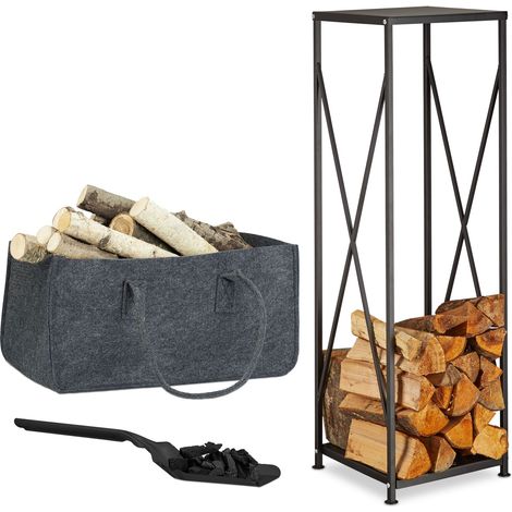 Set 3 Accessori per Caminetto, Scaffale Portalegna o Riviste, Sacco Portalegna in Feltro, Paletta Nera Raccogli Cenere (1/5)