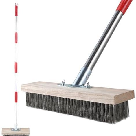 Mitclear Balai Métallique Robuste avec Manche Télescopique(145cm), Brosse en Métal Rigides pour Enlever Les Mauvaises Herbes, Mousse et Taches Tenaces, Balai à Récurer pour Patio, Terrasse et Jardin (1/5)